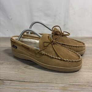 Men's 9 Clarks Tan Suede Leather Moccasin Slippers Shoes Faux Fur Lined